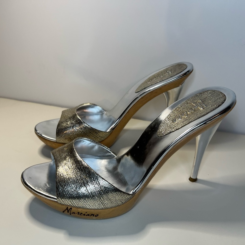 Marciano Silver Stiletto Heel with Wood Platform Textured Metallic Leather Mule